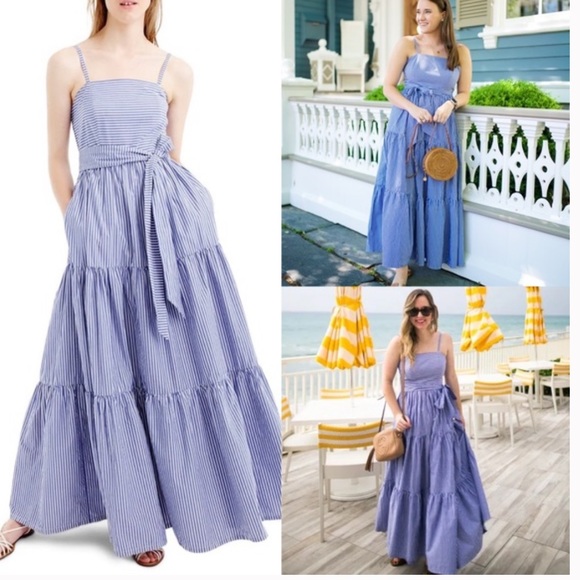 JCrew Striped Tiered Maxi Dress with Tie Sash in Stripe. Size 00 - Picture 3 of 8